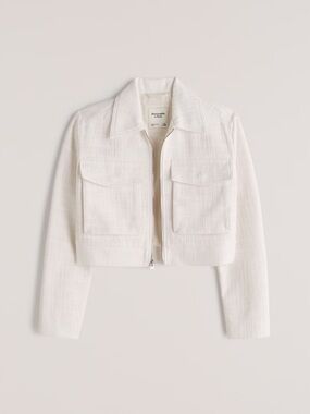 Abercrombie & Fitch Cropped White Tweed Zip-Front Jacket
